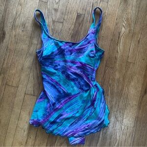 Vintage 1980's Jantzen Skirted One-Piece Swim Dress Colorful Swimsuit Skirt 10
